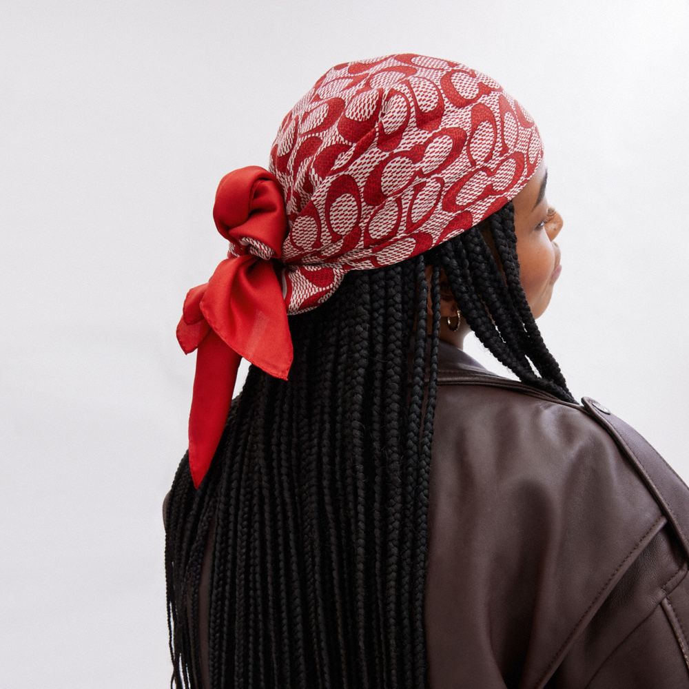 COACH®,Textured Signature Print Silk Square Scarf,Silk,Rectangle,Square,Frayed,Casual,Multi Color,Detail View