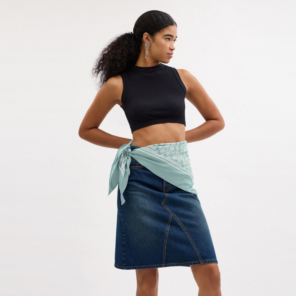 COACH®,Textured Signature Print Silk Square Scarf,Silk,Rectangle,Square,Frayed,Casual,Blue,Detail View