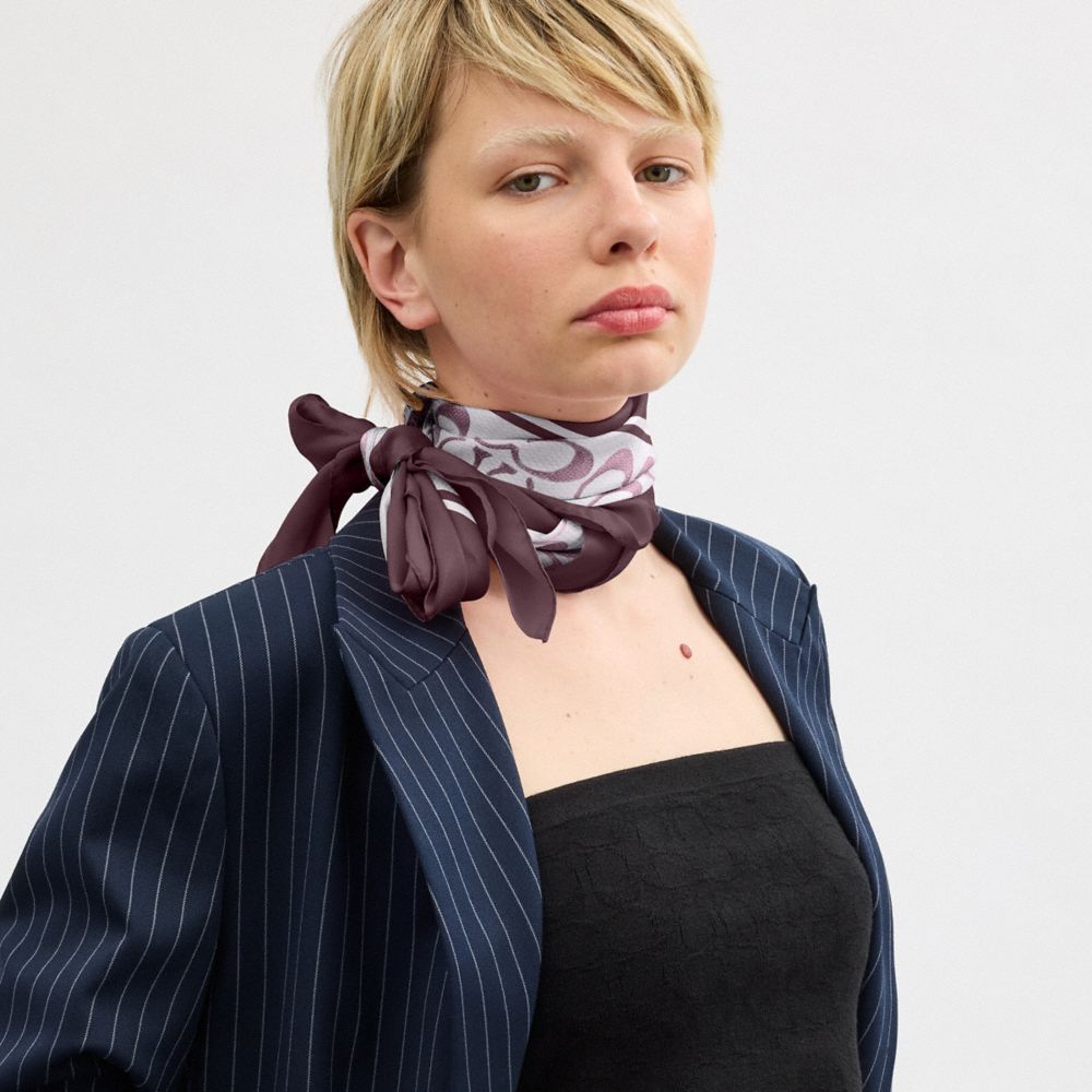 Coach Textured Signature Print Silk Square Scarf In Purple