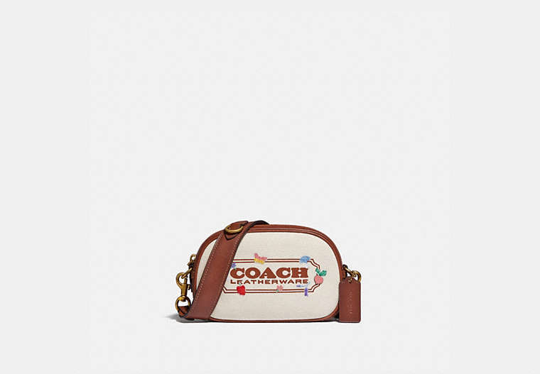 COACH®,CAMERA CROSSBODY WITH GARDEN EMBROIDERY COACH BADGE,canvas,Mini,Brass/Natural,Front View