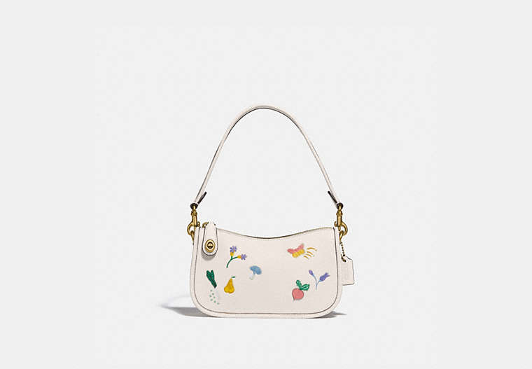 COACH®,SWINGER 20 WITH GARDEN EMBROIDERY,Smooth Leather,Small,Brass/Chalk,Front View