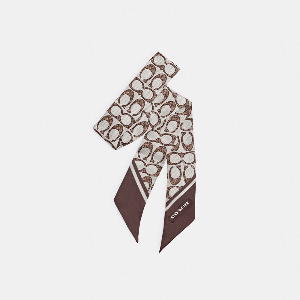 Coach Textured Signature Print Silk Skinny Scarf In Brown