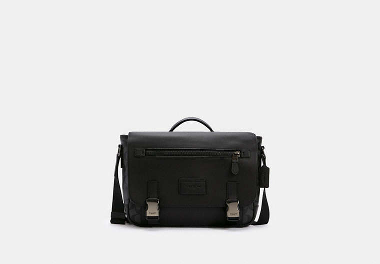 COACH®,TRACK MESSENGER IN SIGNATURE CANVAS,Leather,Medium,Gunmetal/Charcoal/Black,Front View
