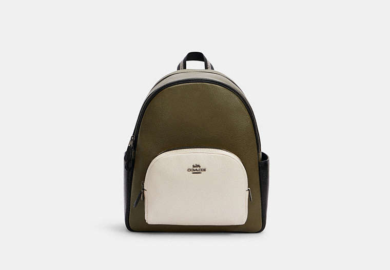 COACH®,COURT BACKPACK IN COLORBLOCK,Leather,Large,Gunmetal/Kelp Mutli,Front View