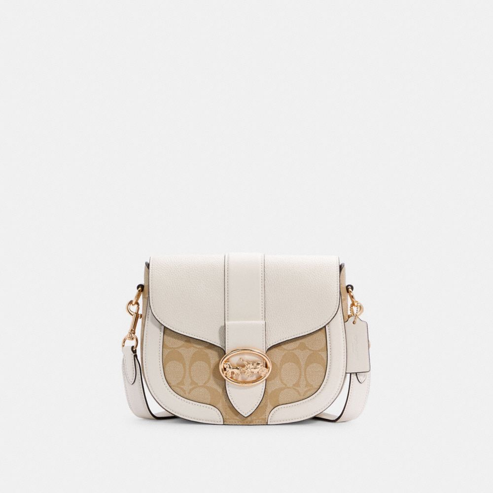 COACH®,GEORGIE SADDLE BAG IN SIGNATURE CANVAS,pvc,Medium,Gold/Light Khaki Chalk,Front View