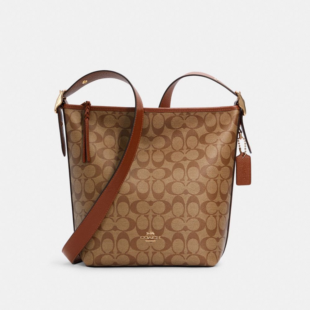 COACH®,VAL DUFFLE BAG IN SIGNATURE CANVAS,Medium,Gold/Khaki Redwood,Front View