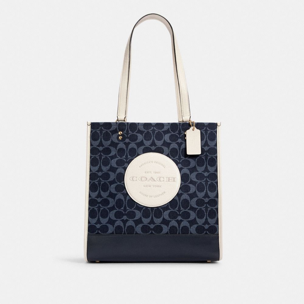 COACH®,DEMPSEY TOTE IN SIGNATURE JACQUARD WITH PATCH,Medium,Gold/Denim Multi,Front View