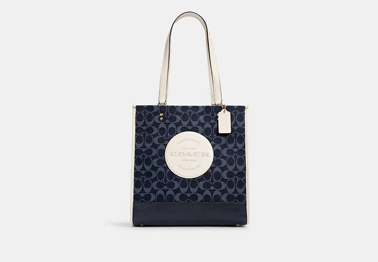 COACH®,DEMPSEY TOTE IN SIGNATURE JACQUARD WITH PATCH,Medium,Gold/Denim Multi,Front View