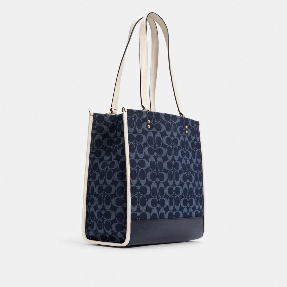 COACH®,DEMPSEY TOTE IN SIGNATURE JACQUARD WITH PATCH,Medium,Gold/Denim Multi,Angle View