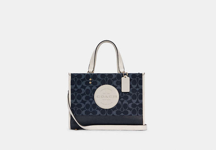 COACH®,DEMPSEY CARRYALL IN SIGNATURE JACQUARD WITH COACH PATCH,Jacquard,Medium,Gold/Denim Multi,Front View
