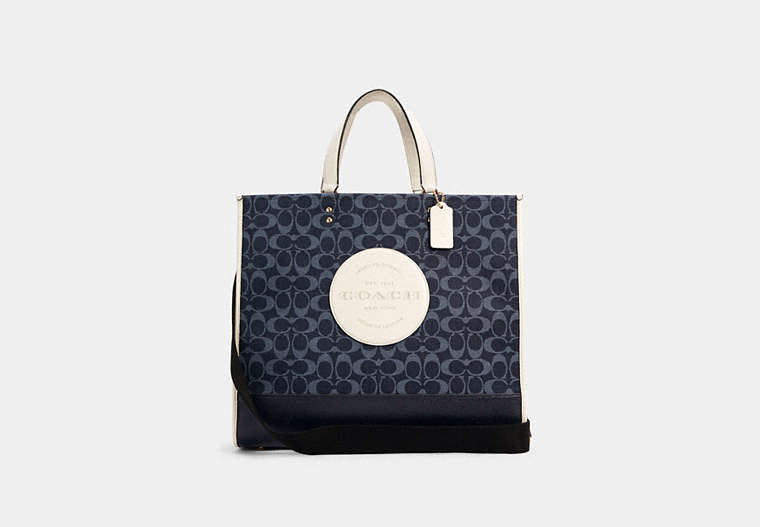 COACH®,DEMPSEY TOTE BAG 40 IN SIGNATURE DENIM WITH COACH PATCH,Jacquard,X-Large,Gold/Denim Multi,Front View image number 0