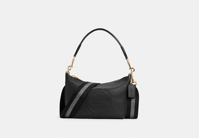 COACH®,DEMPSEY SHOULDER BAG WITH PATCH,Pebbled Leather,Small,Gold/Black,Front View