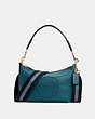 COACH®,DEMPSEY SHOULDER BAG WITH PATCH,Pebbled Leather,Small,Gold/Teal Ink,Front View