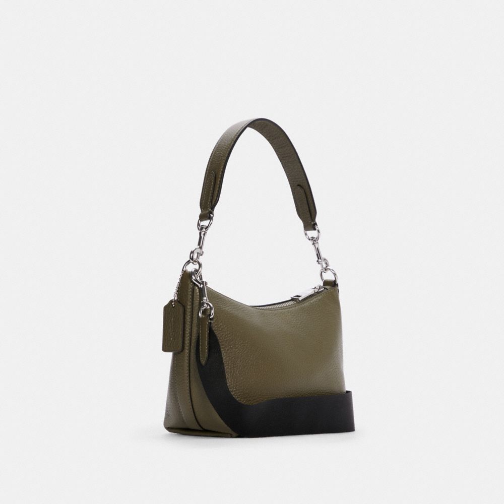 COACH®,DEMPSEY SHOULDER BAG WITH PATCH,Pebbled Leather,Small,Silver/Surplus,Angle View