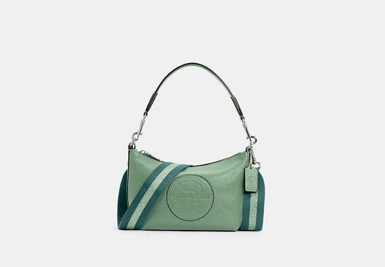 COACH®,DEMPSEY SHOULDER BAG WITH PATCH,Pebbled Leather,Small,Silver/Washed Green,Front View