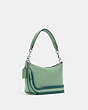 COACH®,DEMPSEY SHOULDER BAG WITH PATCH,Pebbled Leather,Small,Silver/Washed Green,Angle View