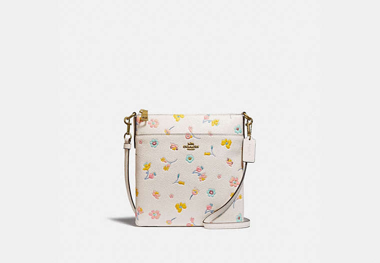COACH®,KITT MESSENGER CROSSBODY WITH WATERCOLOR FLORAL PRINT,Pebble Leather,Mini,Brass/Chalk Multi,Front View