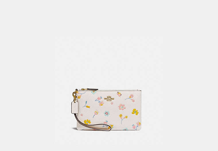 COACH®,SMALL WRISTLET WITH WATERCOLOR FLORAL PRINT,Pebble Leather,Brass/Chalk Multi,Front View
