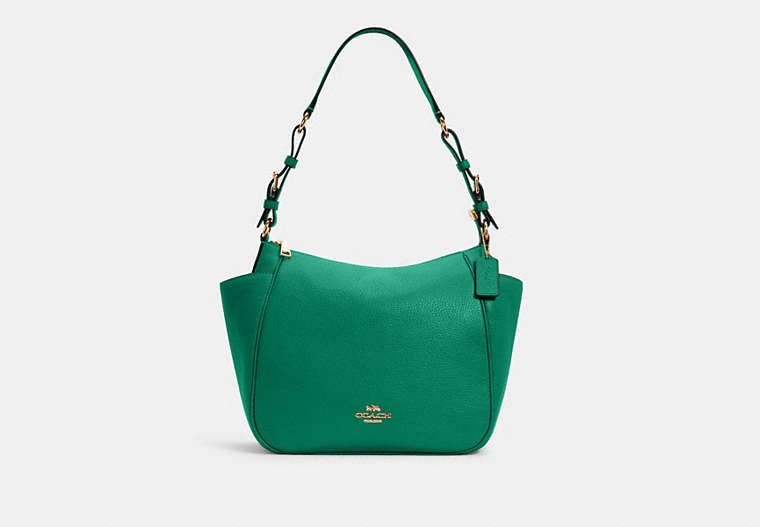COACH®,RORI SHOULDER BAG,Pebbled Leather,Medium,Gold/Bright Jade,Front View