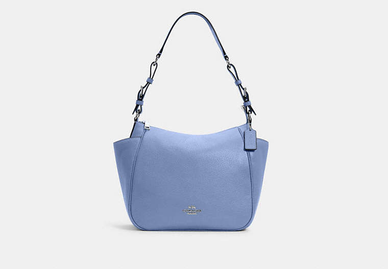 COACH®,RORI SHOULDER BAG,Pebbled Leather,Medium,Silver/Periwinkle,Front View