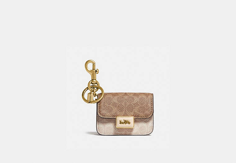 COACH®,MINI ALIE BAG CHARM IN SIGNATURE CANVAS,Signature Coated Canvas/Smooth Leather,Brass/Ivory/Taupe,Front View