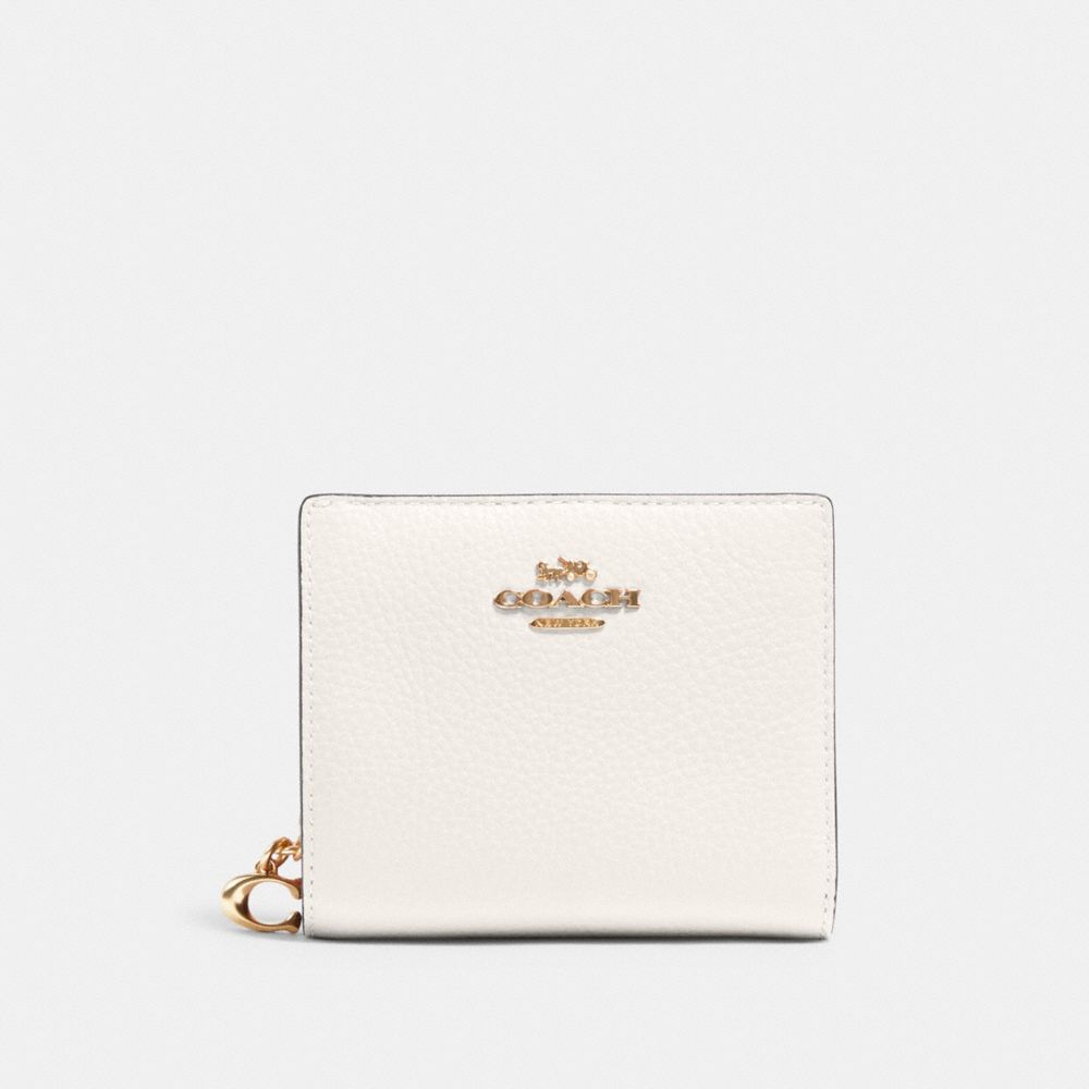 COACH®,SNAP WALLET,Pebbled Leather,Mini,Gold/Chalk,Front View