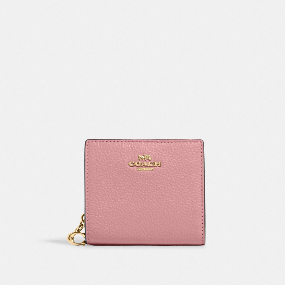 COACH®,SNAP WALLET,Pebbled Leather,Mini,Gold/True Pink,Front View