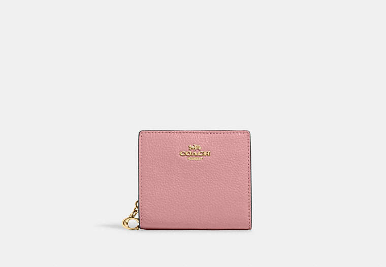 COACH®,SNAP WALLET,Pebbled Leather,Mini,Gold/True Pink,Front View