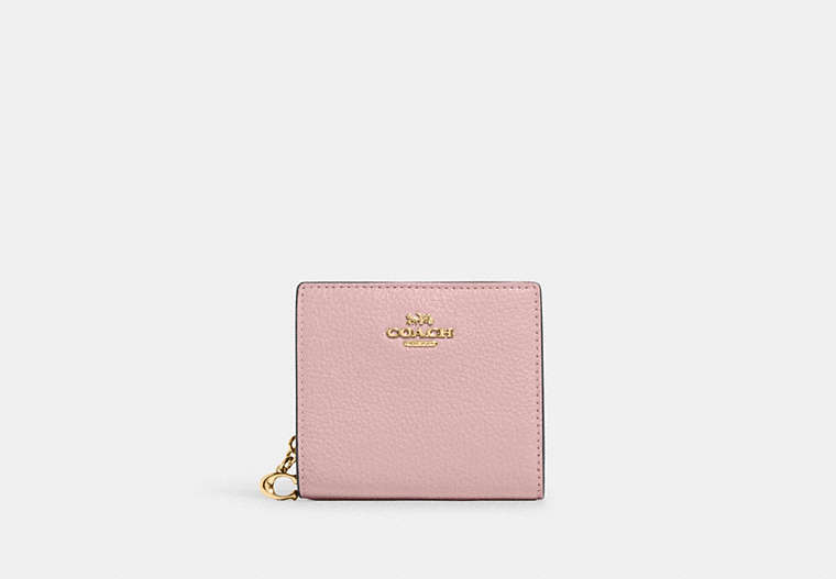 COACH®,SNAP WALLET,Pebbled Leather,Mini,Gold/Powder Pink,Front View