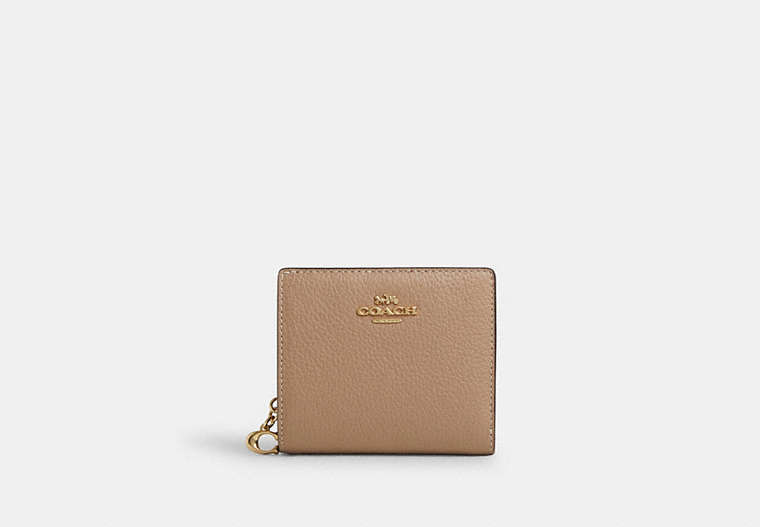 COACH®,SNAP WALLET,Pebbled Leather,Mini,Gold/Taupe,Front View