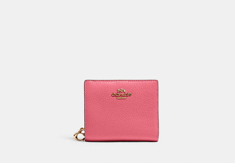 COACH®,SNAP WALLET,Pebbled Leather,Mini,Gold/Watermelon,Front View