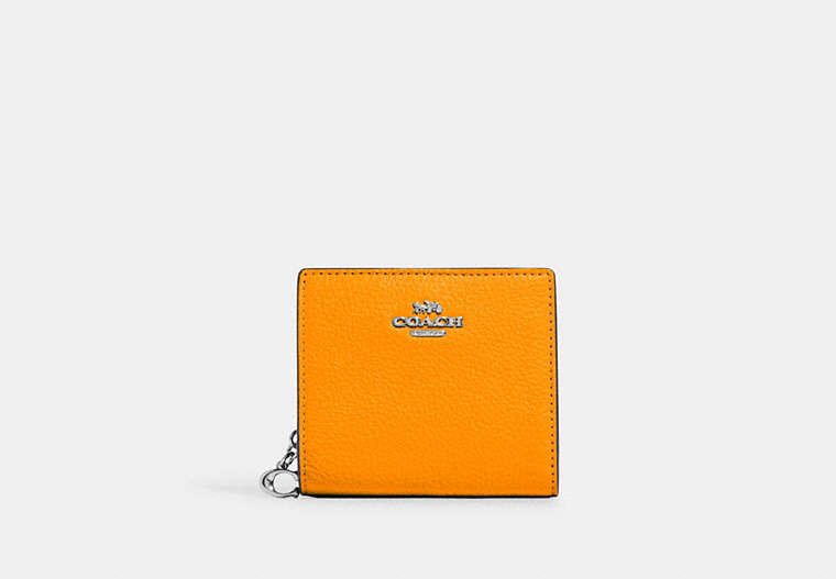 COACH®,SNAP WALLET,Pebbled Leather,Mini,Silver/Papaya,Front View image number 0
