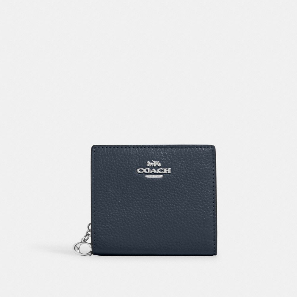 COACH®,SNAP WALLET,Pebbled Leather,Mini,Silver/Denim,Front View