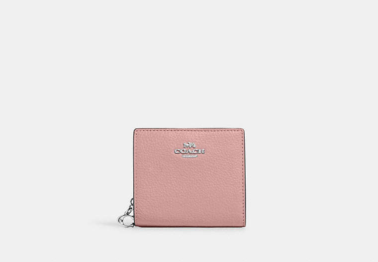COACH®,SNAP WALLET,Pebbled Leather,Mini,Silver/Light Pink,Front View image number 0