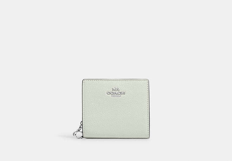 COACH®,SNAP WALLET,Pebbled Leather,Mini,Silver/Light Sage,Front View