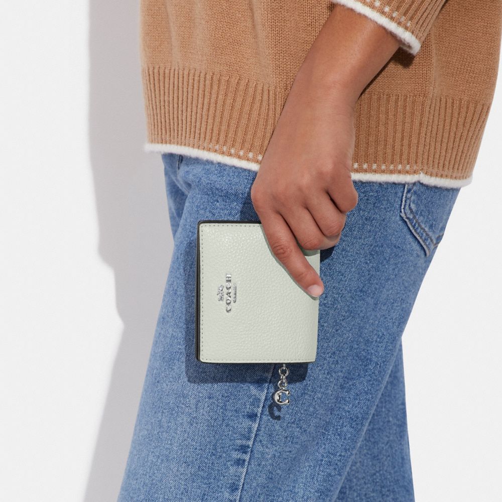 COACH®,SNAP WALLET,Pebbled Leather,Mini,Silver/Light Sage,Detail View