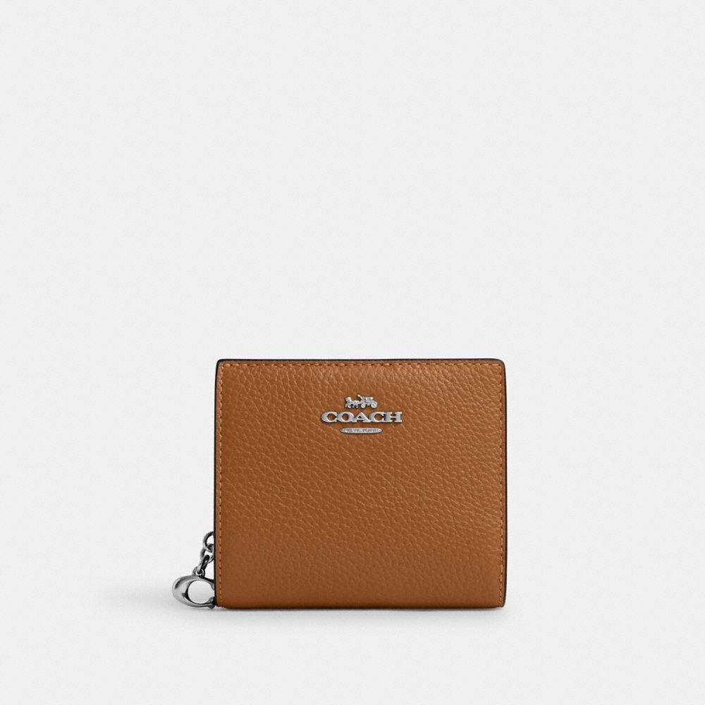 COACH®,SNAP WALLET,Pebbled Leather,Mini,Silver/Light Saddle,Front View