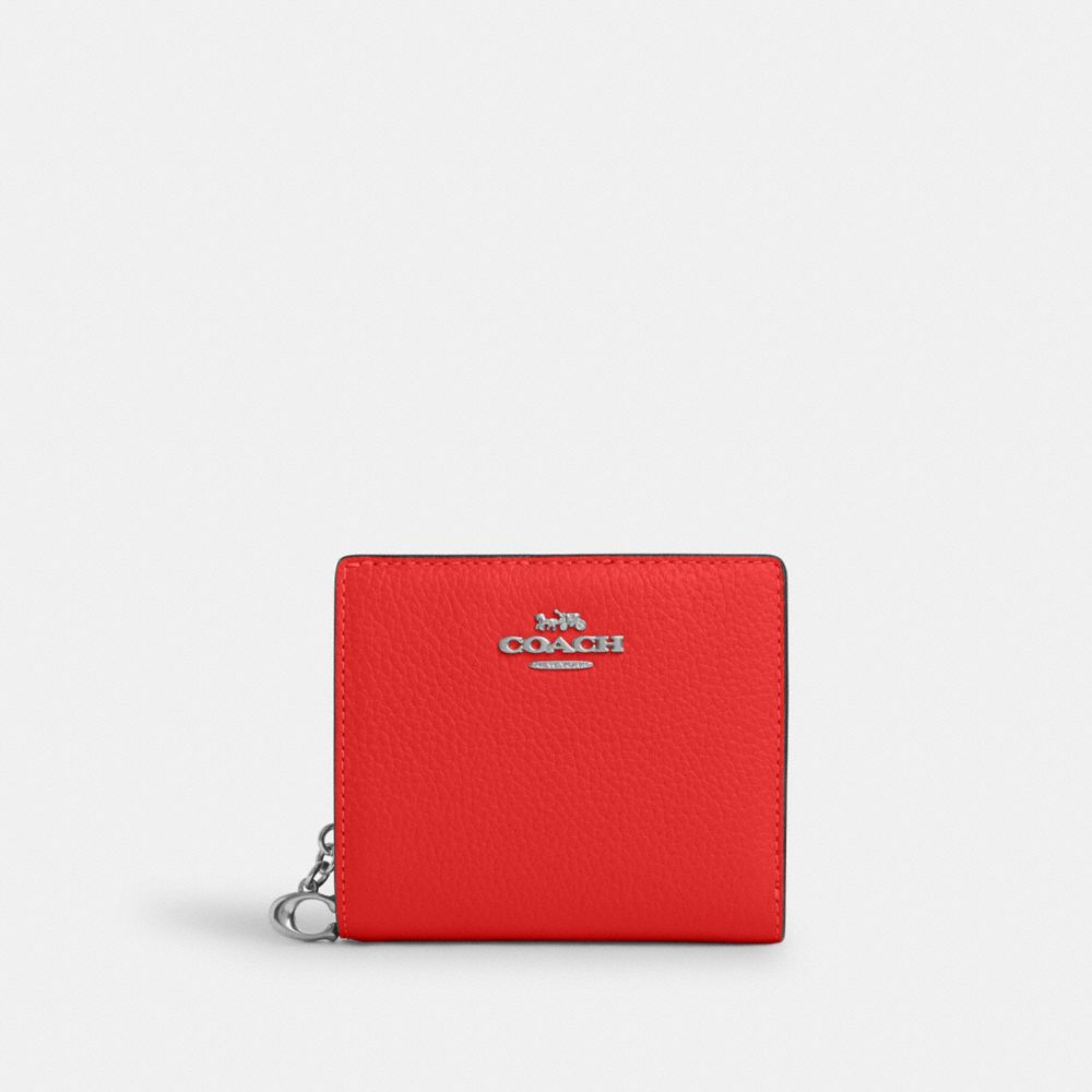 COACH®,SNAP WALLET,Pebbled Leather,Mini,Silver/Miami Red,Front View