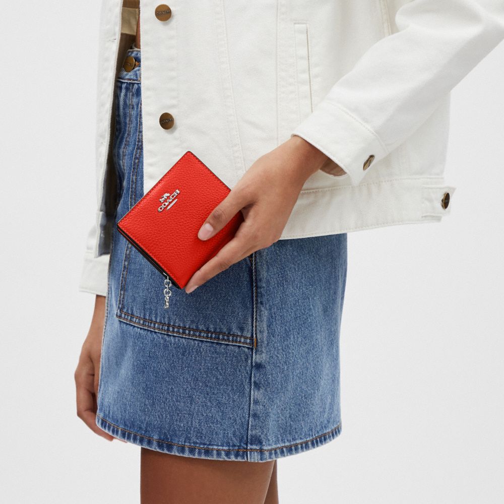 COACH®,SNAP WALLET,Pebbled Leather,Mini,Silver/Miami Red,Detail View