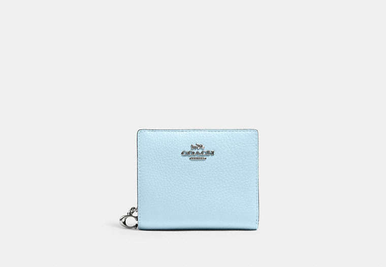 COACH®,SNAP WALLET,Pebbled Leather,Mini,Silver/Waterfall,Front View