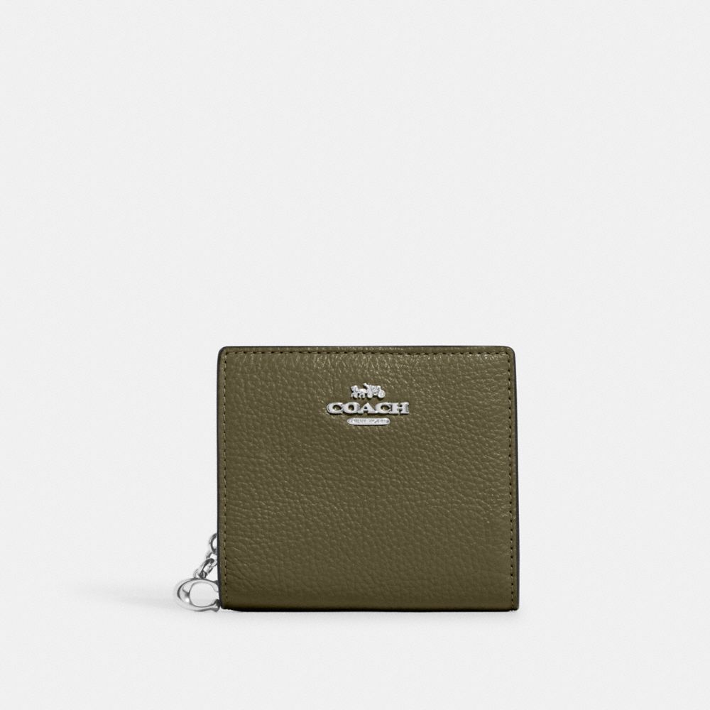 COACH®,SNAP WALLET,Pebbled Leather,Mini,Silver/Olive Drab,Front View