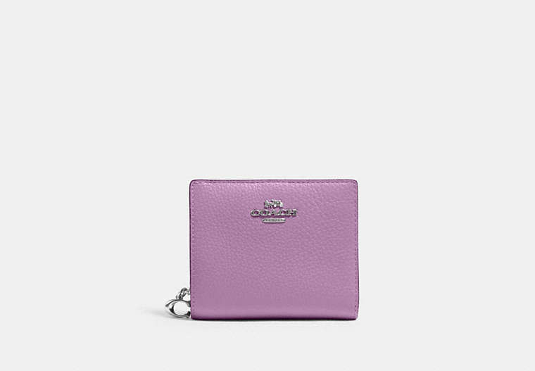 COACH®,SNAP WALLET,Pebbled Leather,Mini,Silver/Violet Orchid,Front View