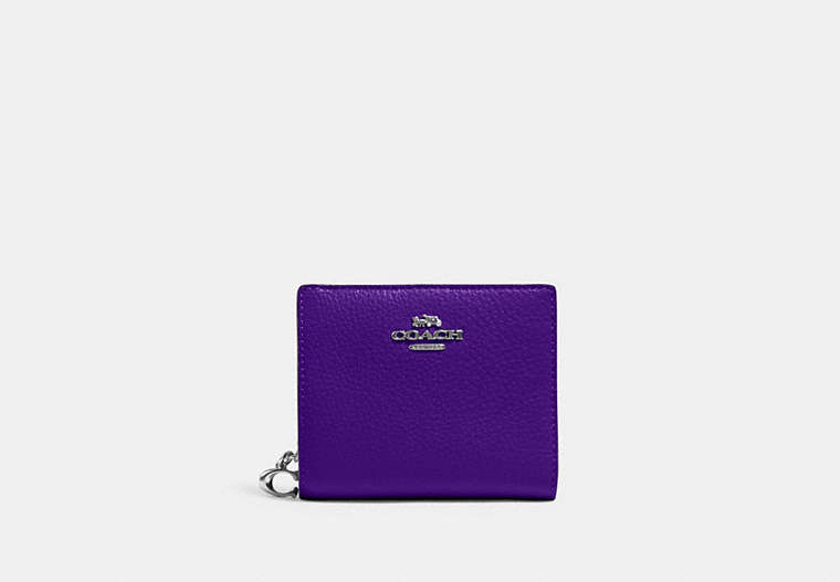 COACH®,SNAP WALLET,Pebbled Leather,Mini,Silver/Sport Purple,Front View