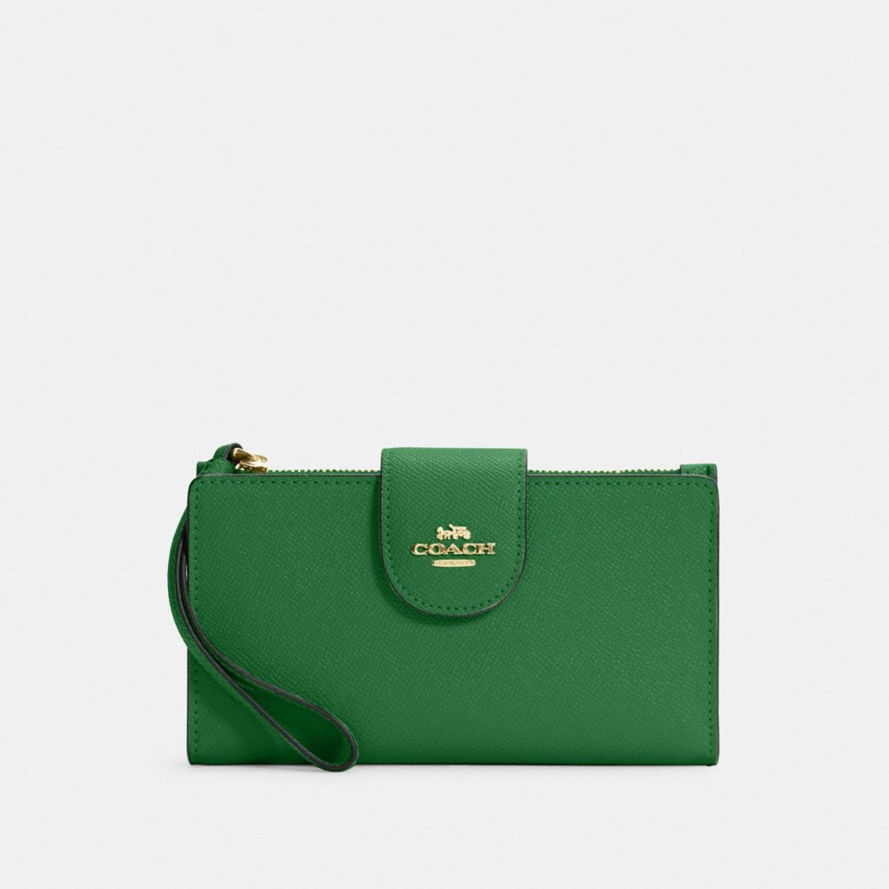 COACH®,PHONE WALLET,Crossgrain Leather,Gold/Kelly Green,Front View