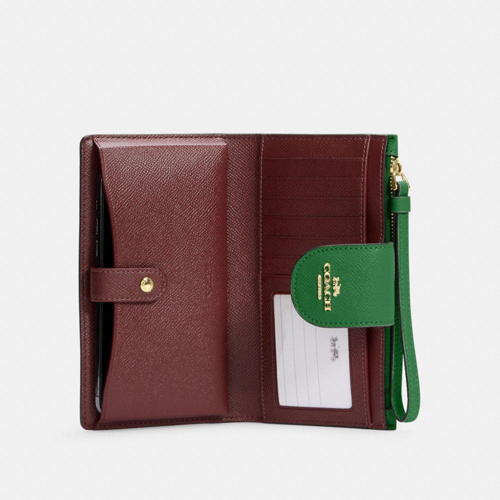 COACH®,PHONE WALLET,Crossgrain Leather,Gold/Kelly Green,Inside View,Top View