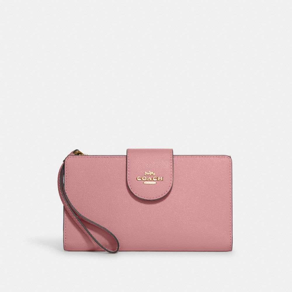 COACH®,PHONE WALLET,Crossgrain Leather,Gold/True Pink,Front View