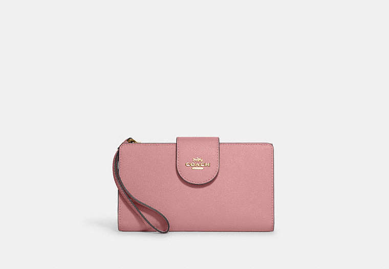 COACH®,PHONE WALLET,Leather,Gold/True Pink,Front View