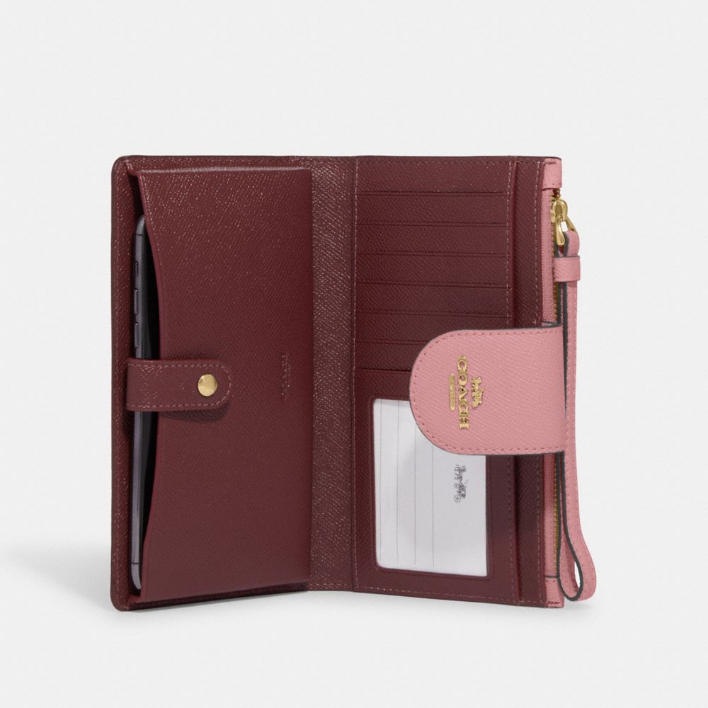 COACH®,PHONE WALLET,Crossgrain Leather,Gold/True Pink,Inside View,Top View