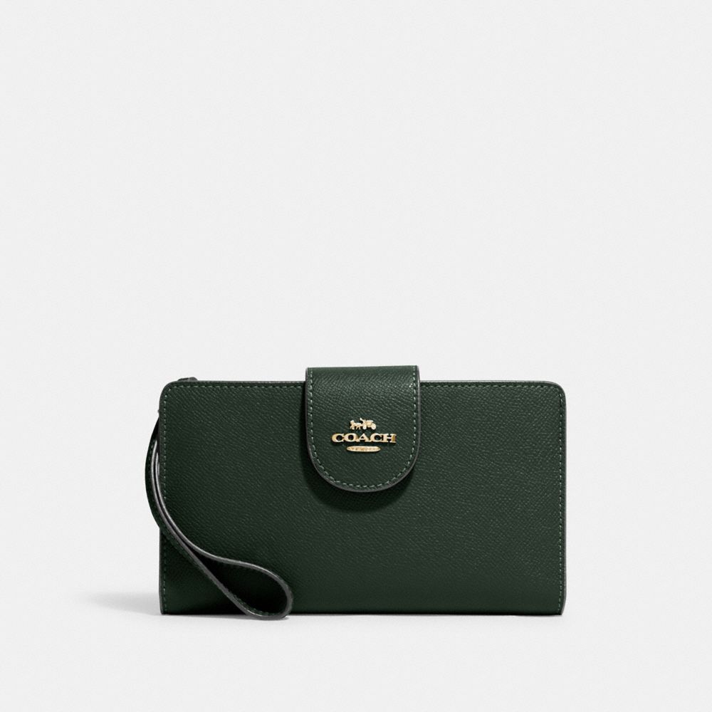 COACH®,PHONE WALLET,Crossgrain Leather,Gold/Amazon Green,Front View