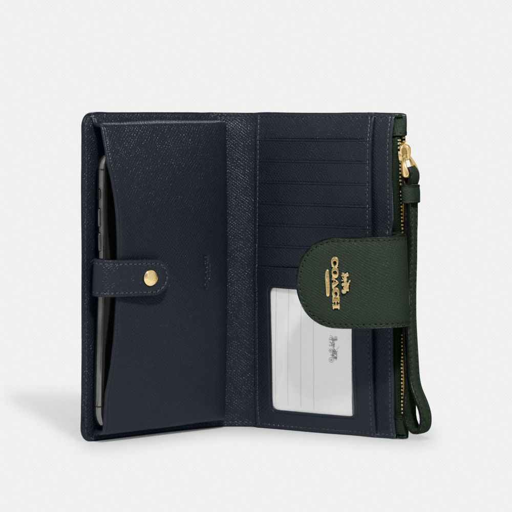 COACH®,PHONE WALLET,Crossgrain Leather,Gold/Amazon Green,Inside View,Top View